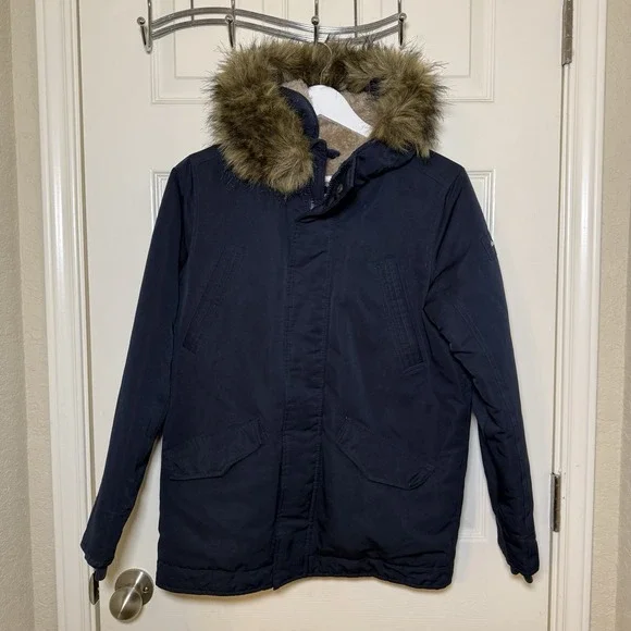 Abercrombie Kids Navy Parka Jacket Size 13/14 XL Sherpa Lined Fur Hood Coat - Picture 6 of 16